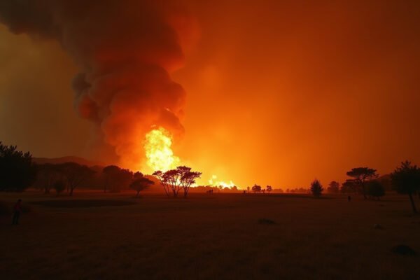 Wide landscape of a Mediterranean pine forest wildfire at dusk with orange smoke plumes rising against a darkening sky, firefighters silhouetted in the distance