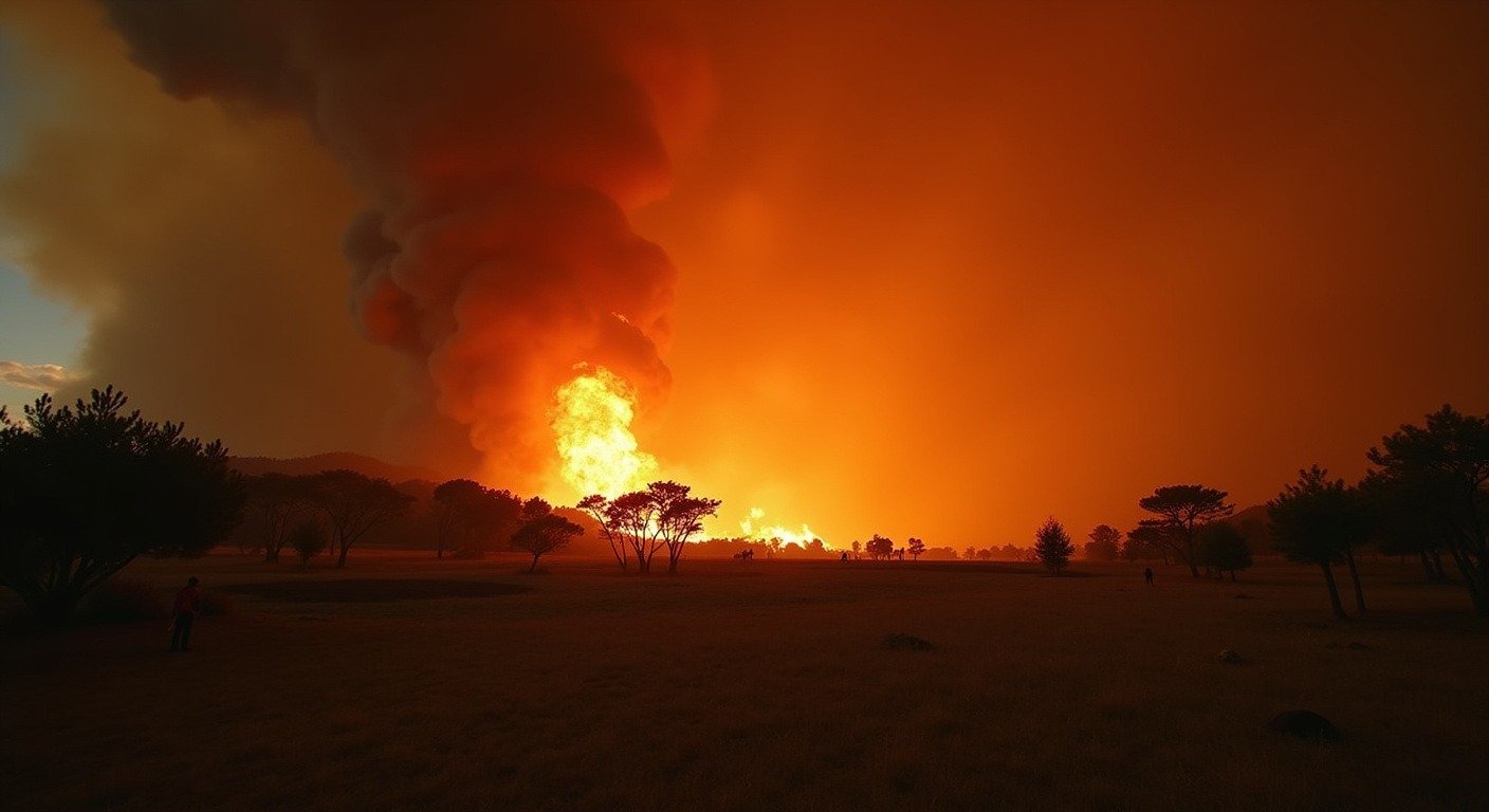 Wide landscape of a Mediterranean pine forest wildfire at dusk with orange smoke plumes rising against a darkening sky, firefighters silhouetted in the distance