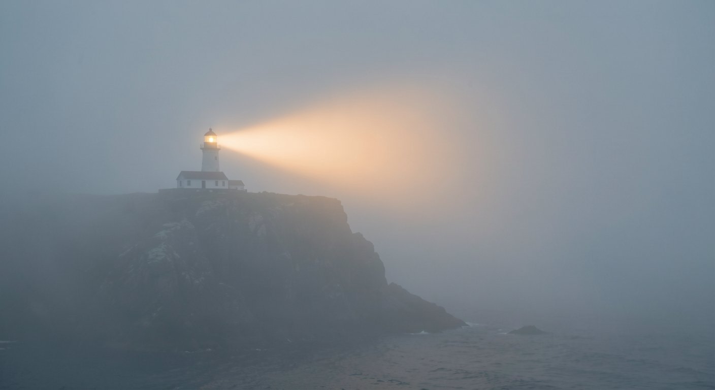 An isolated lighthouse shrouded in thick advection fog on a rocky cliff, its beacon cutting through the mist