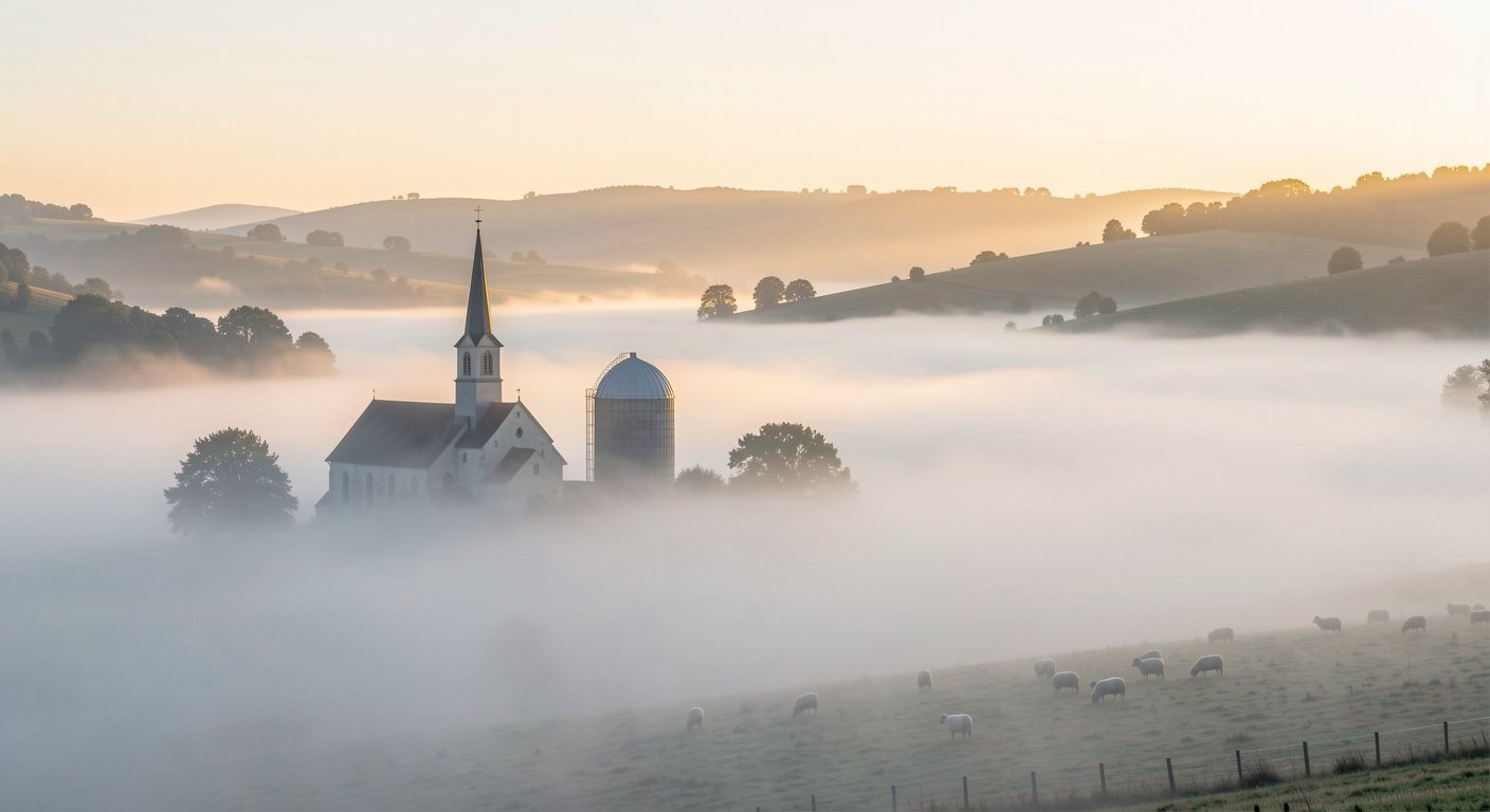A rural valley blanketed in radiation fog at sunrise, demonstrating how fog forms at ground level