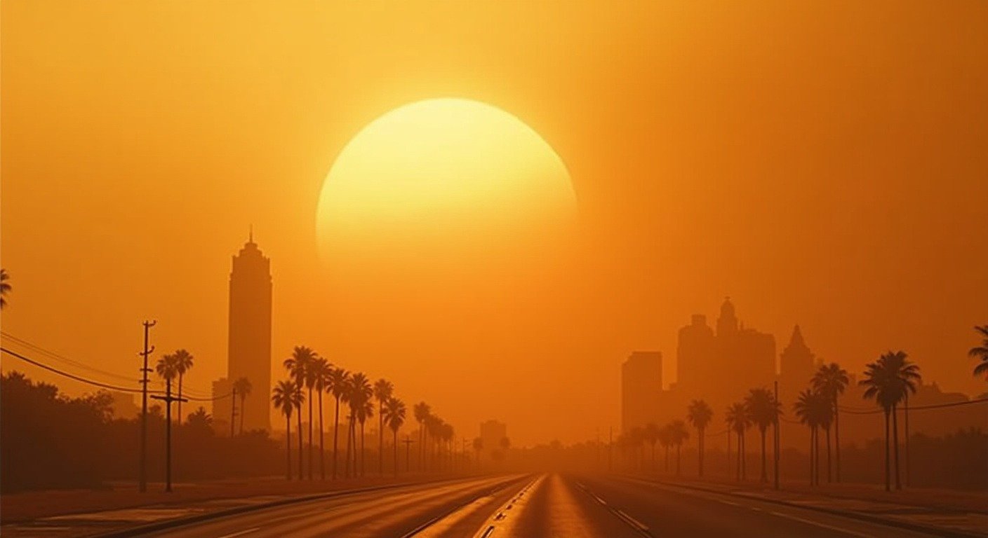 Heat dome visualization: massive hazy high-pressure system over sun-baked urban landscape