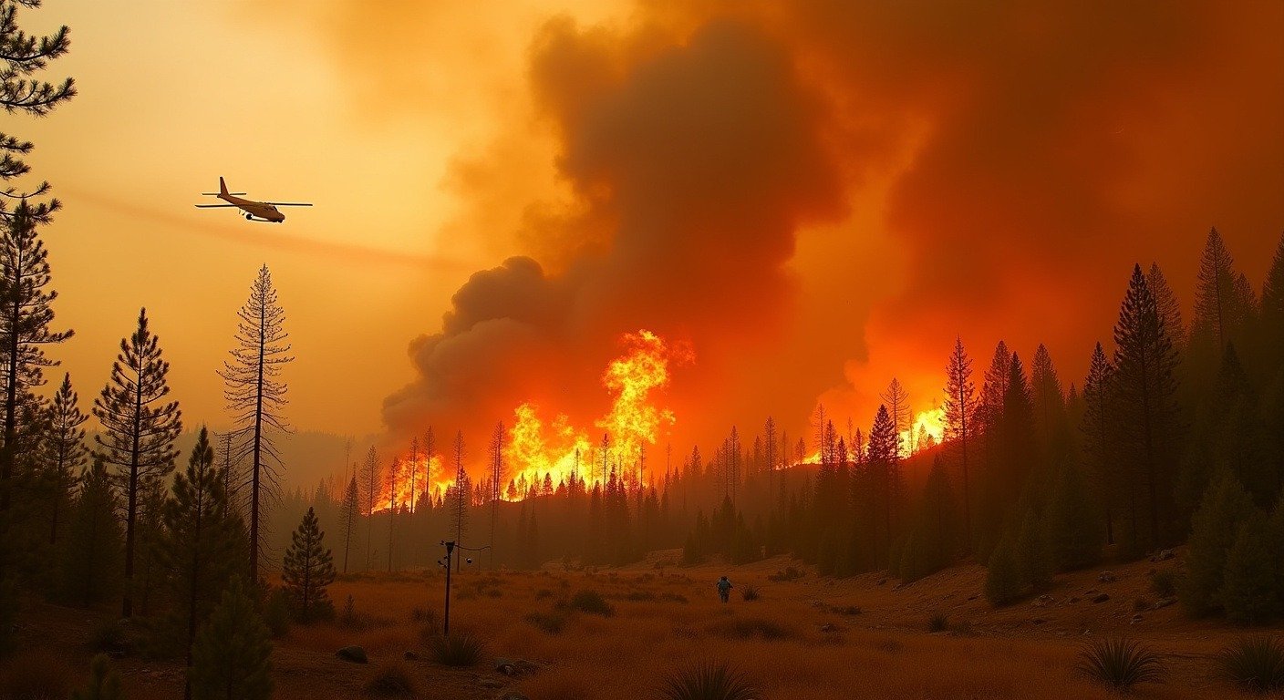 Wildfire burning through dry forest during extreme heat wave, smoke plumes against hazy sky