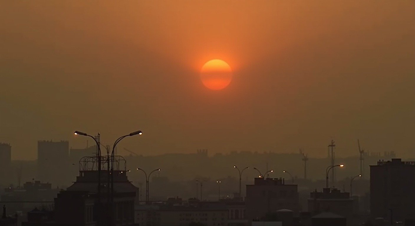 City skyline obscured by thick wildfire smoke haze during record heatwave, the human cost of the hottest year on record 2026 climate data