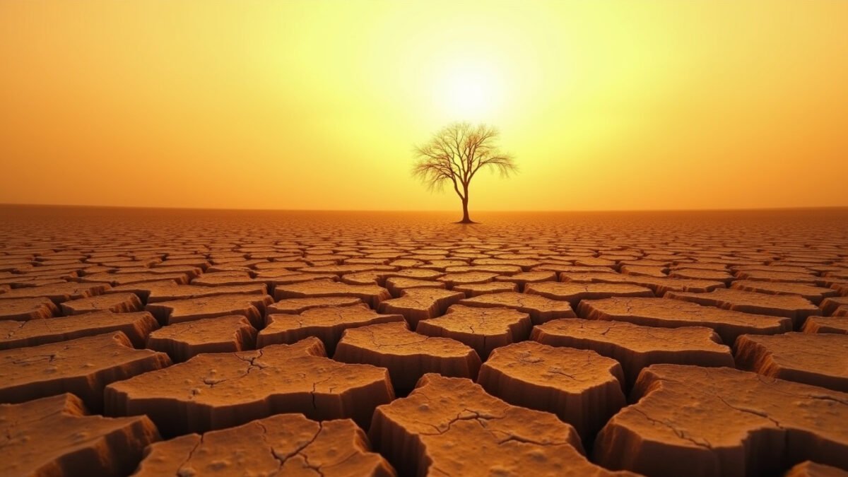 Drought-cracked earth stretching to the horizon under intense summer heat — the hottest year on record 2026 climate data visualized through parched soil and golden hour light
