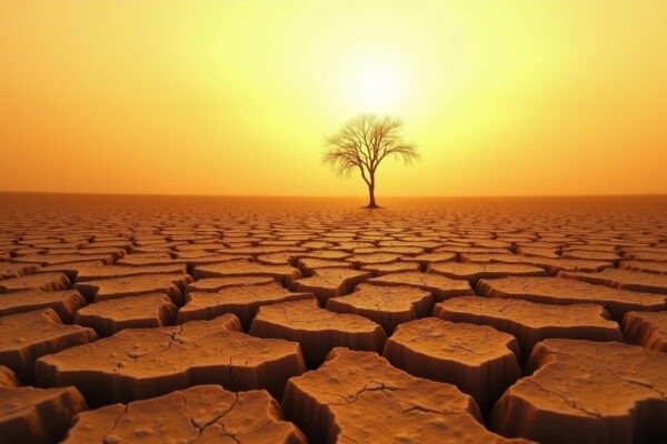 Drought-cracked earth stretching to the horizon under intense summer heat — the hottest year on record 2026 climate data visualized through parched soil and golden hour light