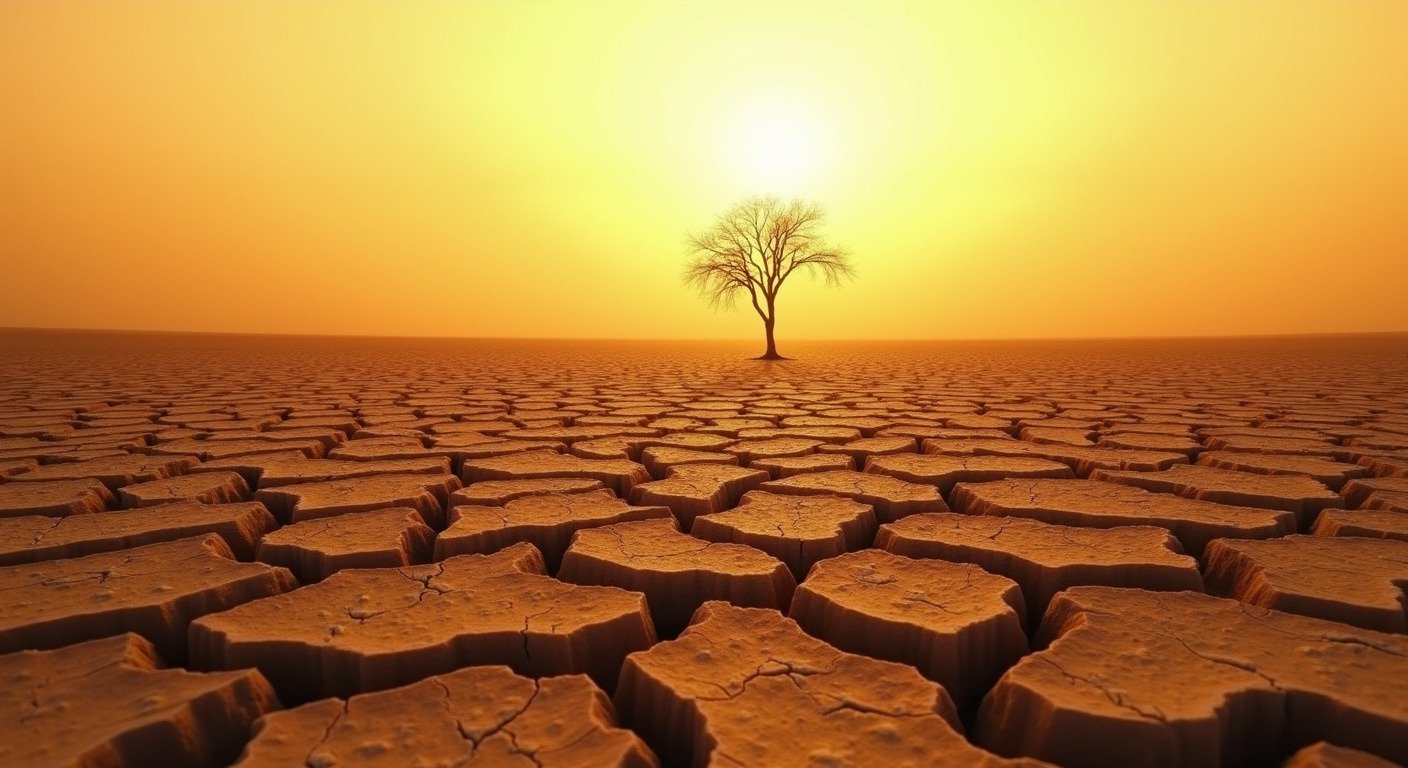Drought-cracked earth stretching to the horizon under intense summer heat — the hottest year on record 2026 climate data visualized through parched soil and golden hour light
