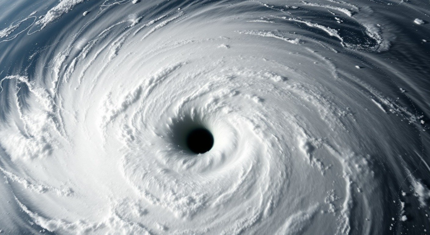 A hurricane from space showing a tight well-defined eye with convective bursts around the eyewall indicating active intensification