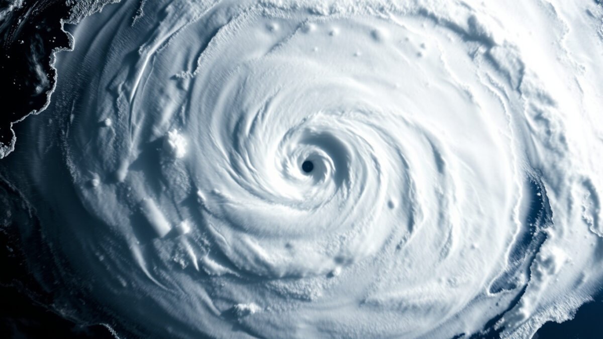Satellite view of a powerful hurricane from space with a clearly defined eye and intense white cloud convection spiraling around the center over dark blue ocean water