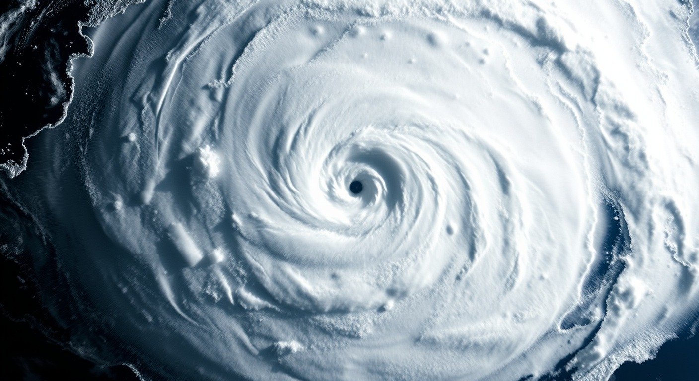 Satellite view of a powerful hurricane from space with a clearly defined eye and intense white cloud convection spiraling around the center over dark blue ocean water