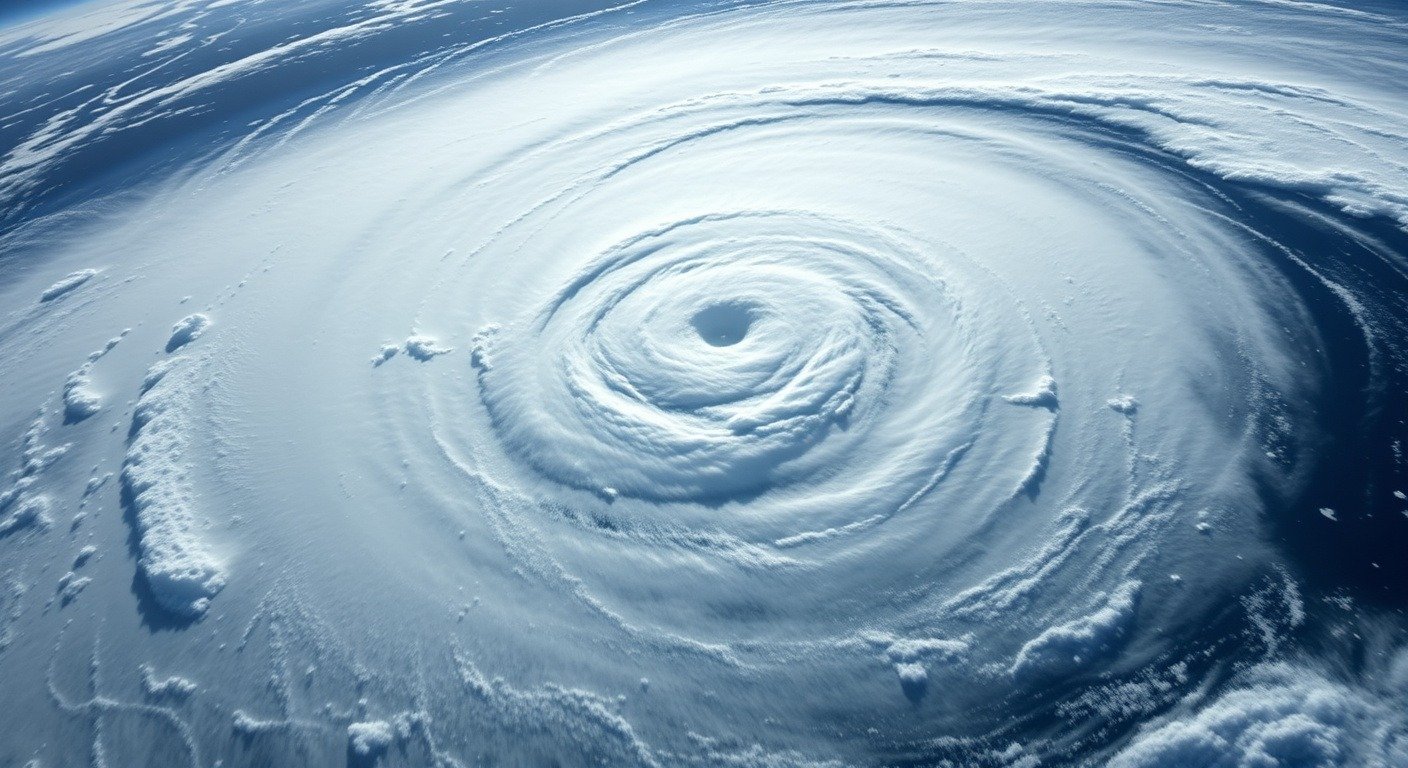Satellite view of a hurricane over the ocean showing spiral rain bands and the intense central eye from high altitude