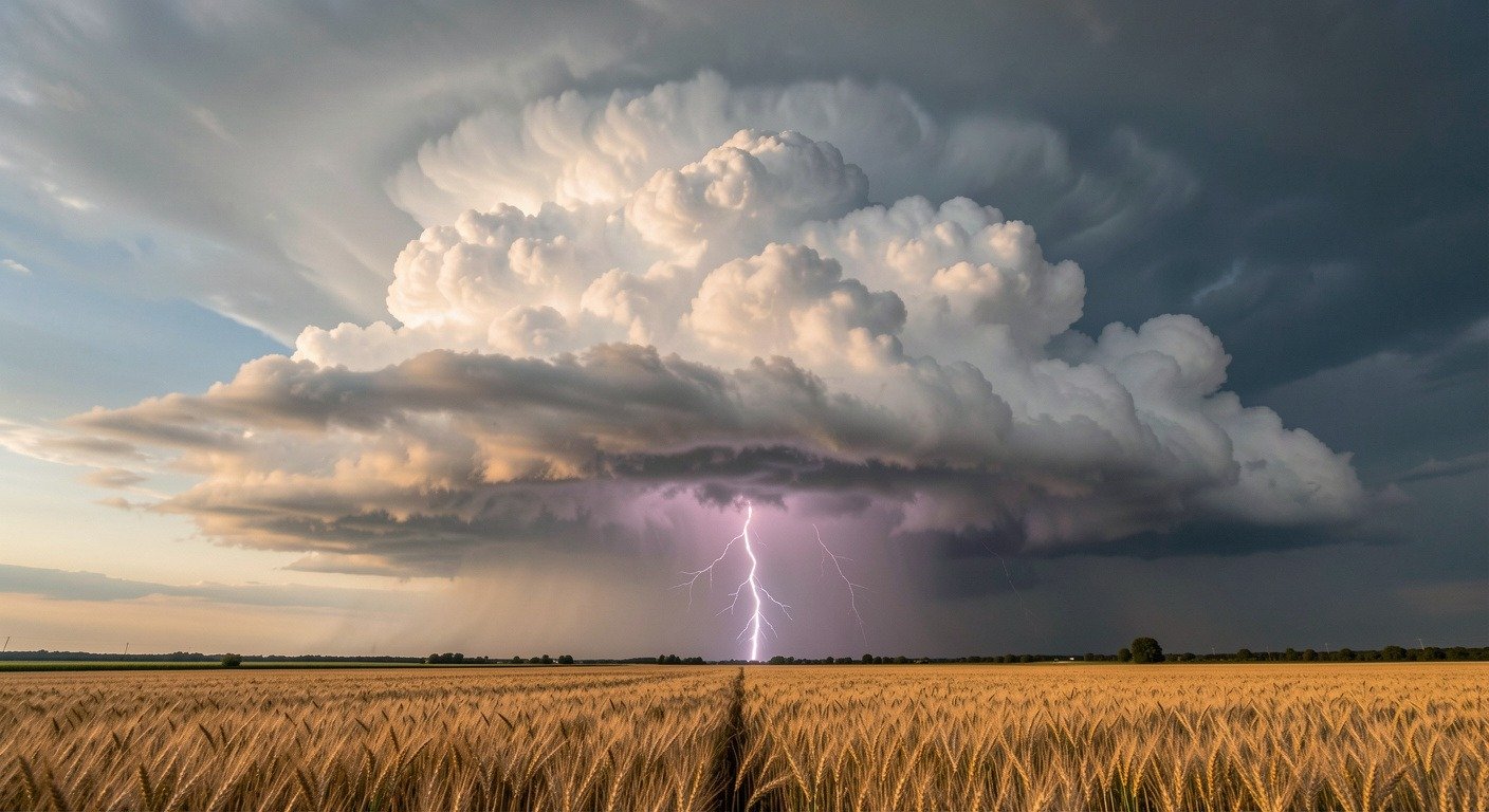 Massive cumulonimbus thunderstorm cloud with lightning bolt striking the ground over a golden field at sunset