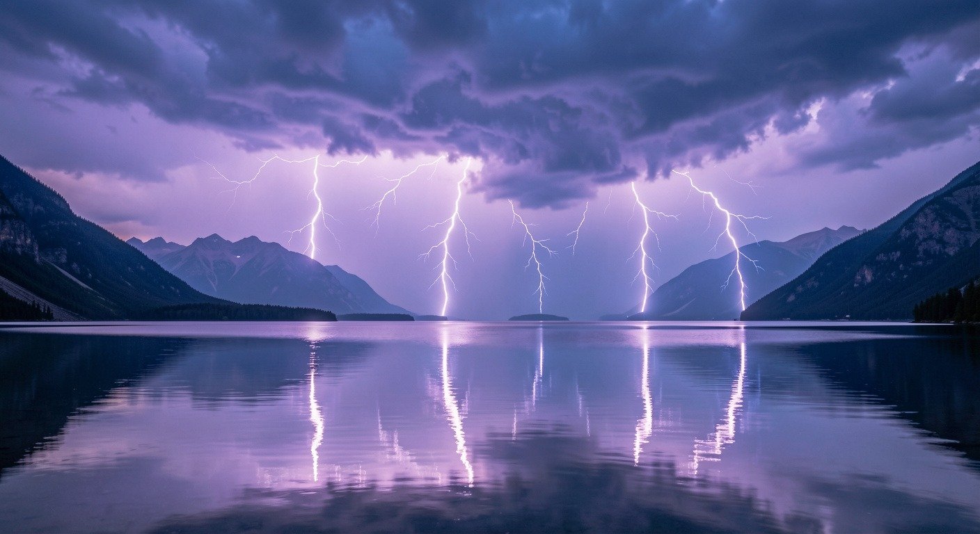 Lightning storm illuminating a mountain lake at twilight