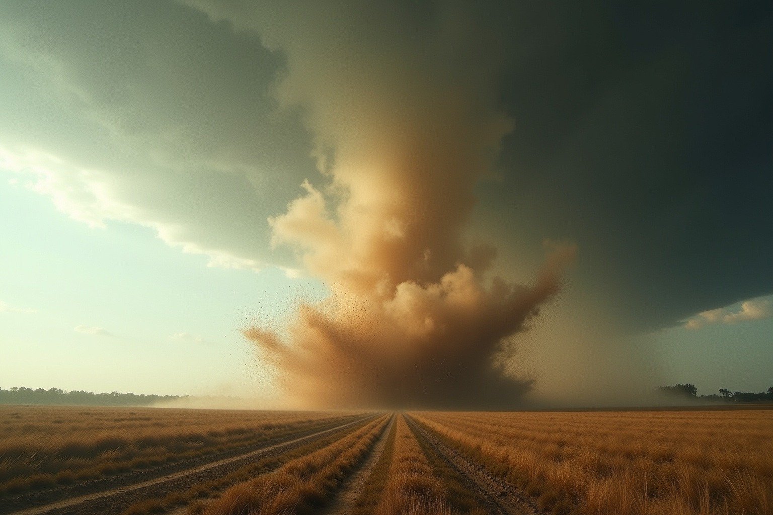 Powerful microburst hitting the ground in an open field with dust and debris exploding outward in a radial pattern, thunderstorm overhead with a distinct column of descending rain, ground-level outflow spreading in all directions