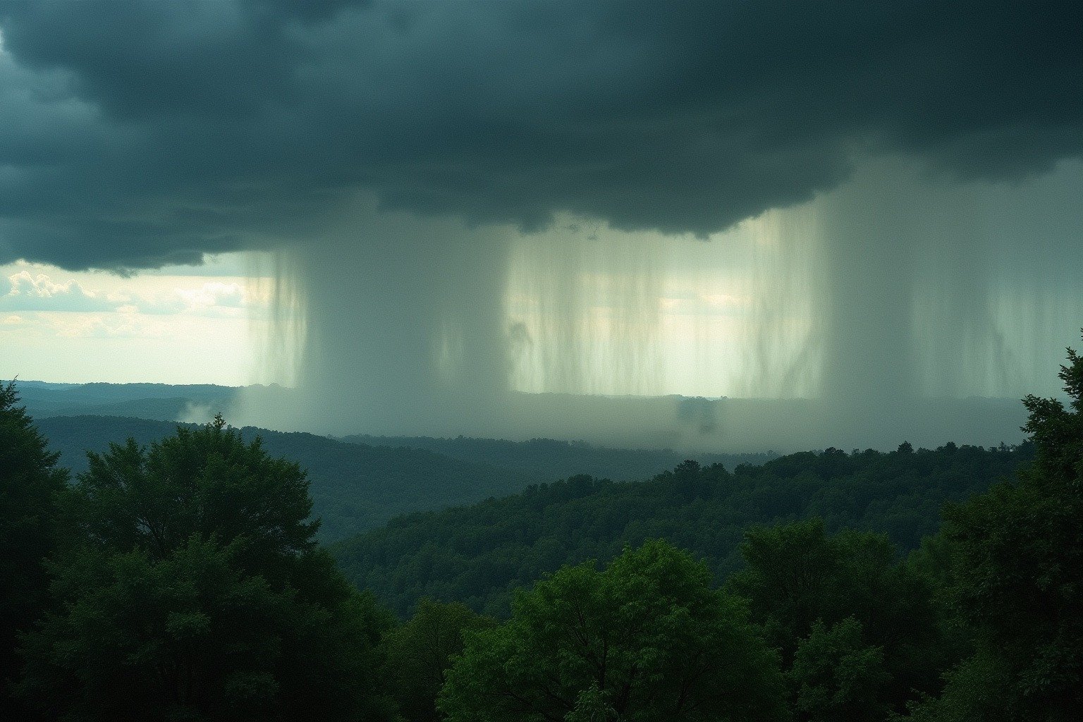Dramatic thunderstorm producing a wet microburst with heavy rain reaching the ground over a green Southeast forested landscape, visible curtain of rainfall descending from a dark cloud, trees bending in strong outflow winds
