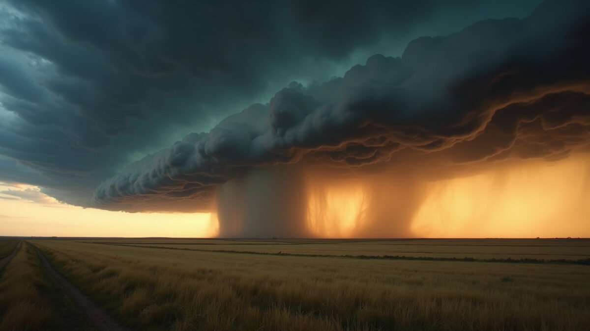 Isolated supercell thunderstorm over open prairie at dusk with a visible rain shaft descending toward the ground, dramatic golden-hour storm light breaking through dark clouds