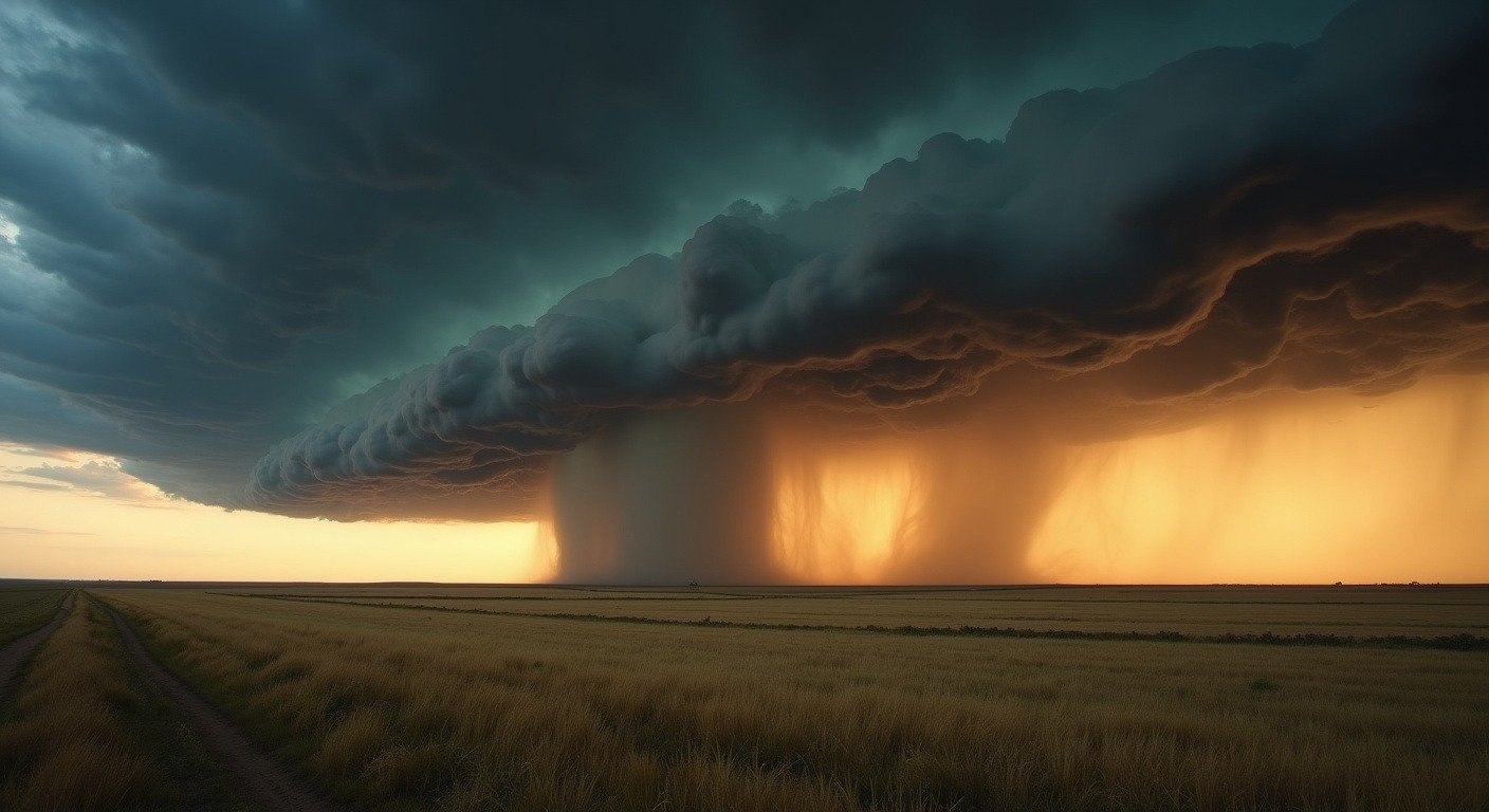 Isolated supercell thunderstorm over open prairie at dusk with a visible rain shaft descending toward the ground, dramatic golden-hour storm light breaking through dark clouds