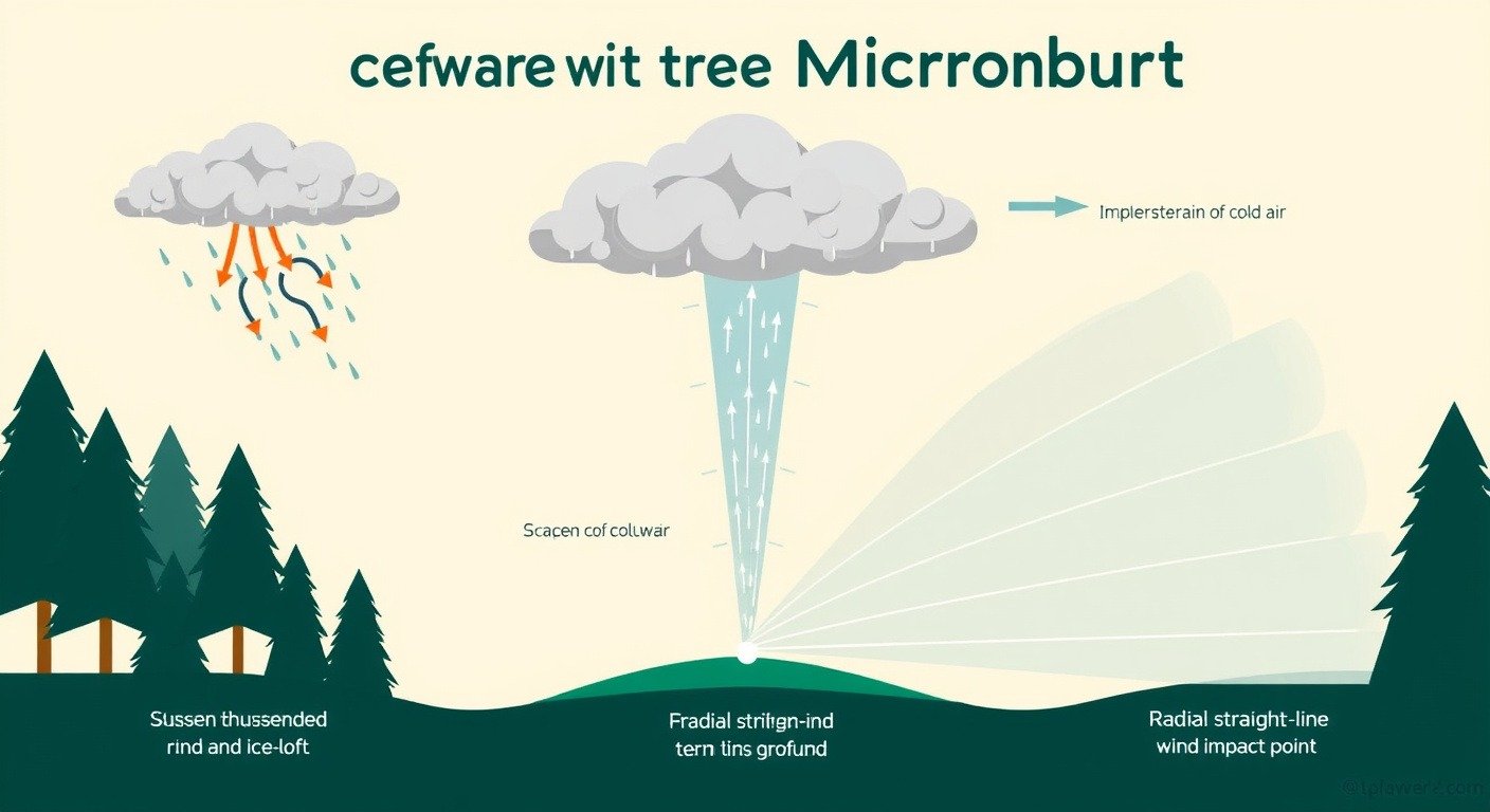 Educational diagram showing the three stages of a microburst formation: suspended rain and ice in a thunderstorm, descending cold air column, and radial straight-line wind outflow spreading from the impact point