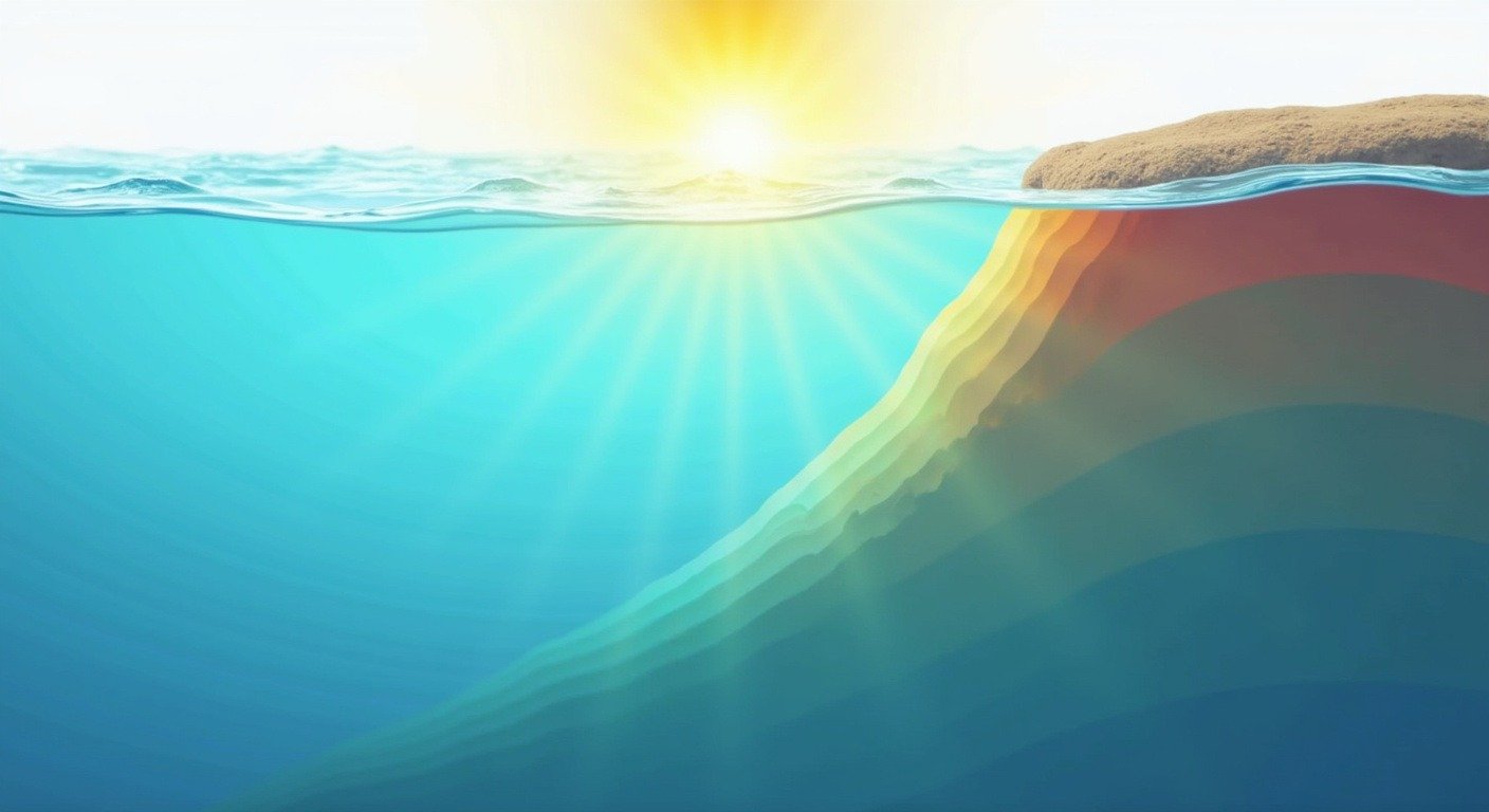 Educational diagram showing how sunlight penetrates ocean water: red light is absorbed near the surface, orange and yellow at mid-depth, green deeper, and only blue light reaches the deep ocean layers
