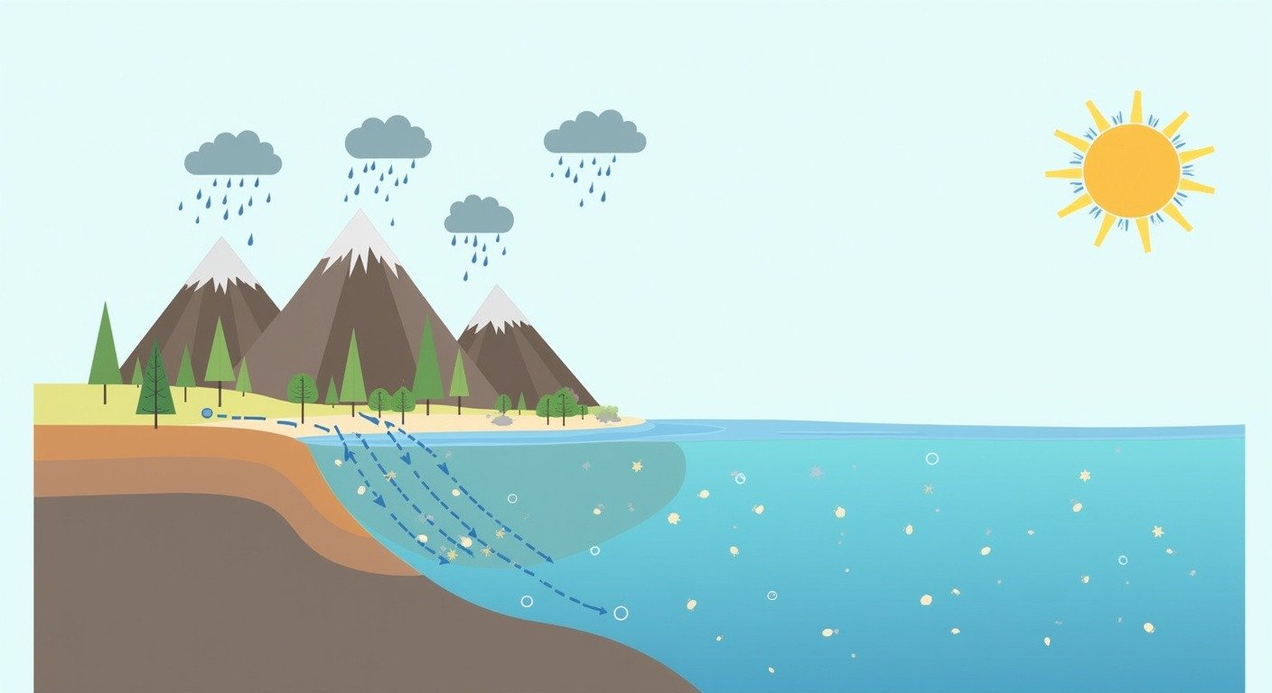Educational diagram showing the ocean salt cycle: rain falling on mountains, rivers carrying dissolved minerals to the ocean, the sun evaporating pure water from the ocean while salt stays behind