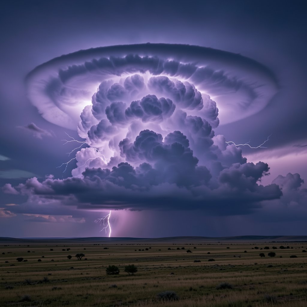 Towering cumulonimbus cloud with flat anvil top and lightning illuminating the storm interior