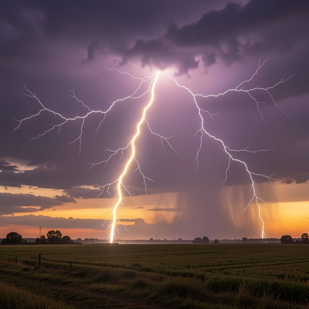 Brilliant lightning bolt branching across dark storm sky over farmland at twilight