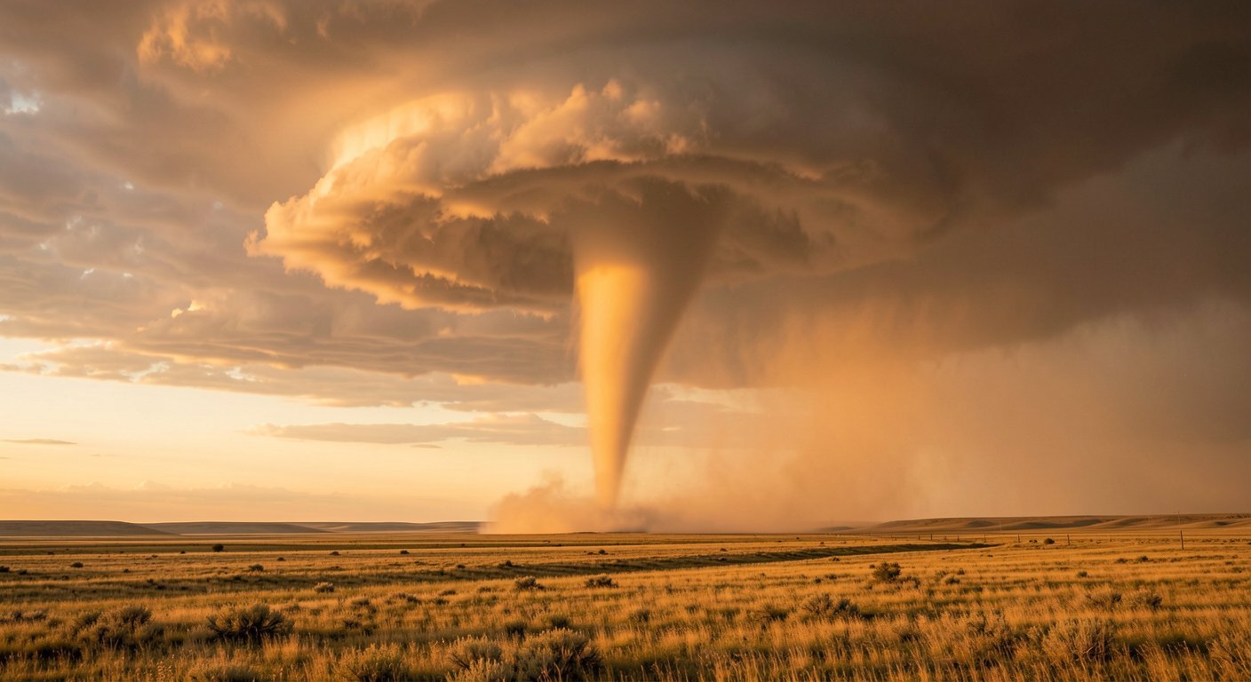 A tornado touching down on the Great Plains during late afternoon golden hour, supercell thunderstorm cloud above, wide open prairie landscape, natural lighting, professional weather photography