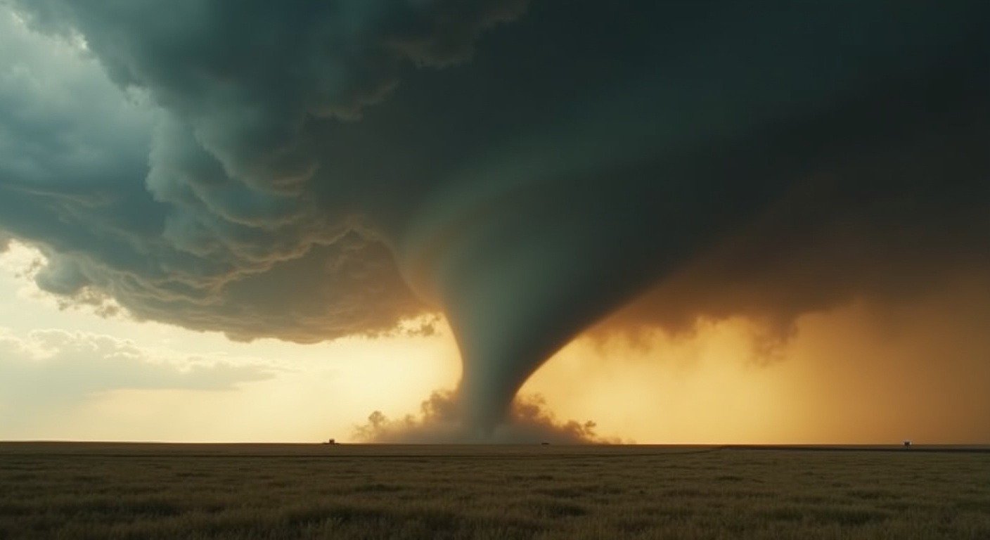 Multiple tornado shapes including a wedge and cone funnel crossing the Great Plains under a dark supercell sky, illustrating the types of tornadoes storm chasers identify