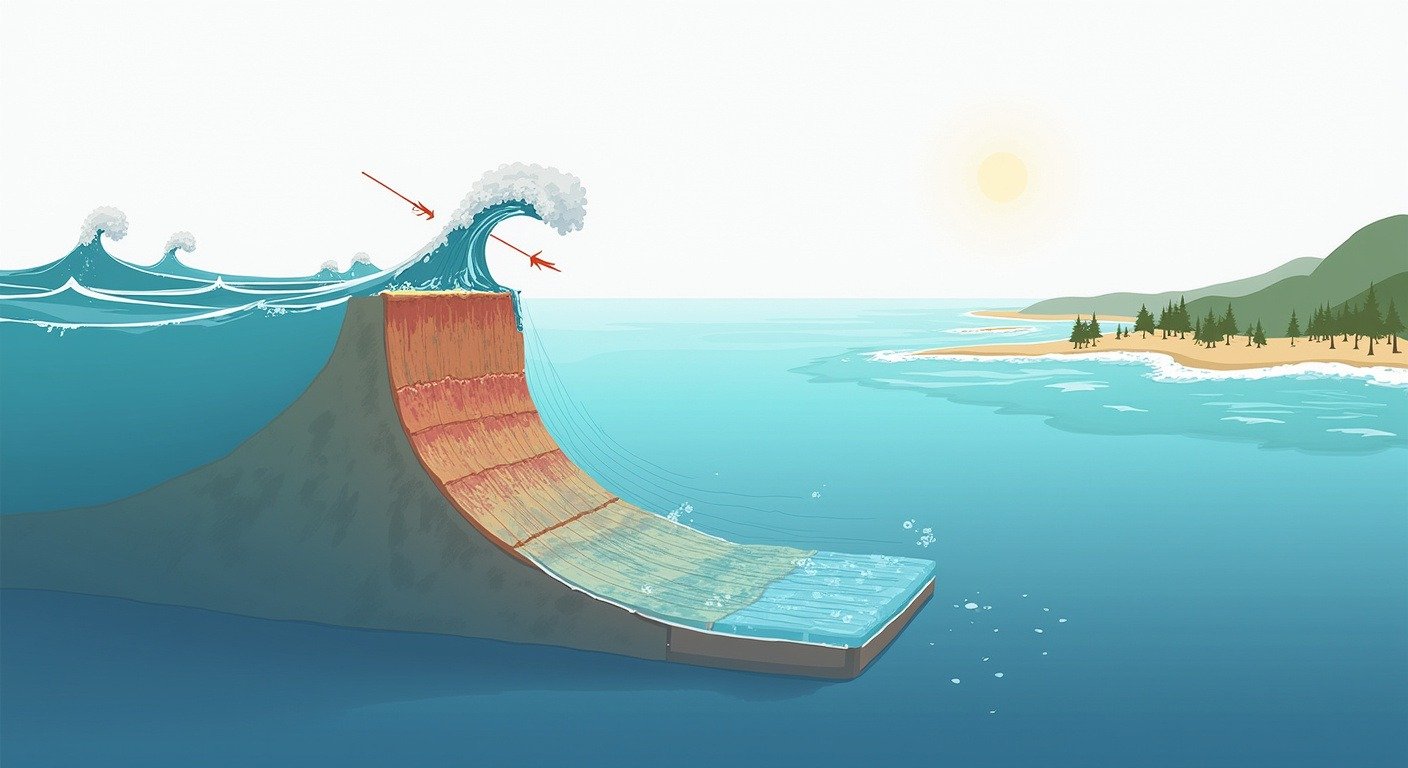 Educational diagram showing how tsunamis form: underwater earthquake displaces the seafloor, lifting the entire water column and generating waves that travel across the ocean
