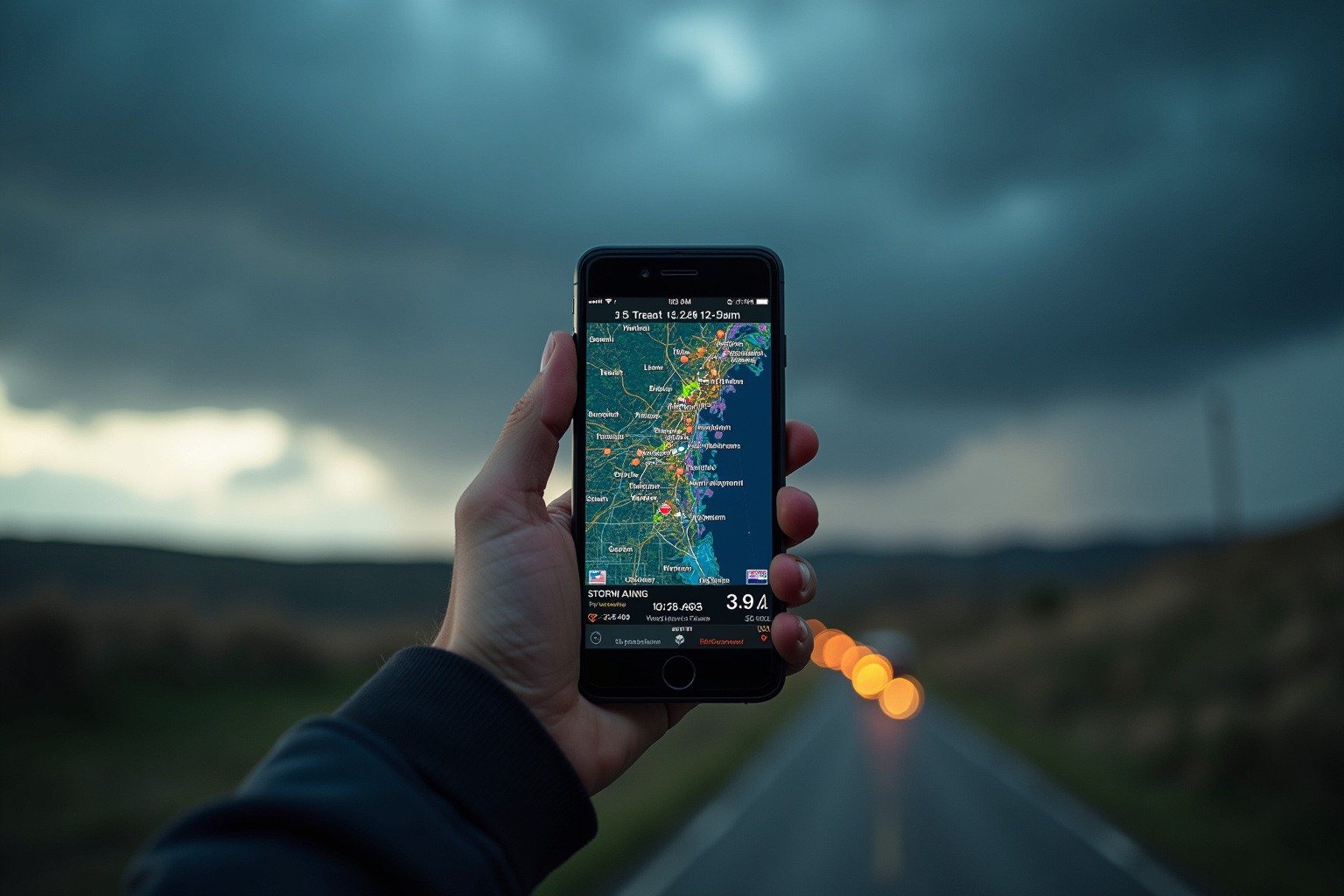 Smartphone displaying a weather radar map with storm precipitation bands and tracking overlay against a stormy sky background