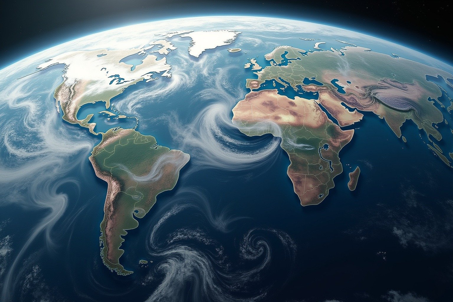 Top-down satellite view of Earth showing swirling white cloud weather systems moving across the deep blue Atlantic Ocean with subtle data grid overlay