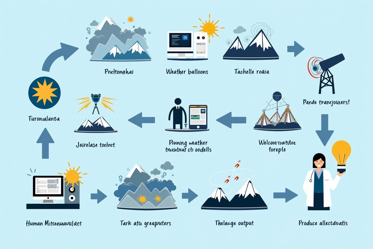 Process flow diagram showing how weather forecasts work from observation to prediction