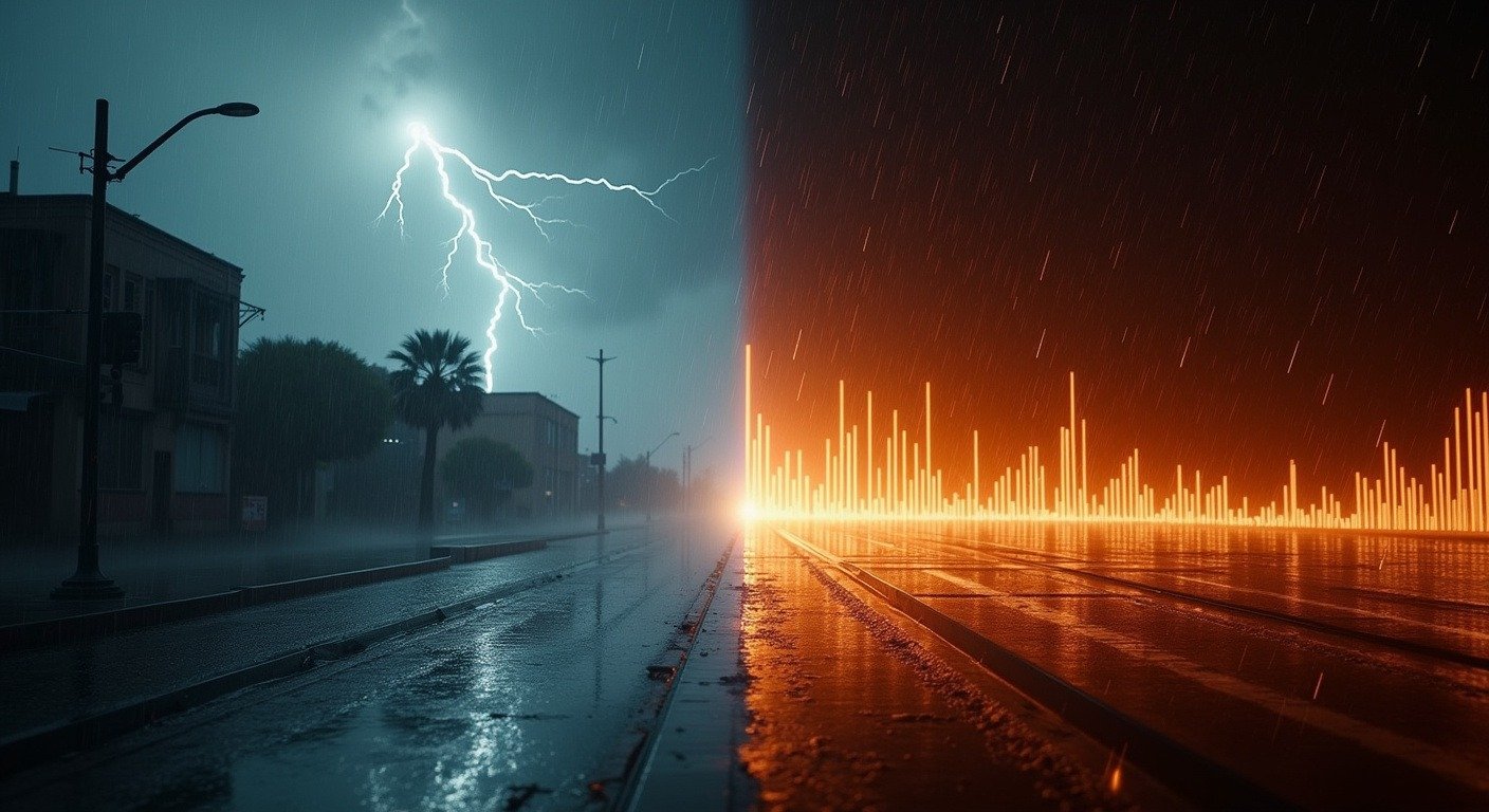 Split comparison showing a chaotic rainstorm versus a global temperature trend chart, illustrating the weather vs climate distinction