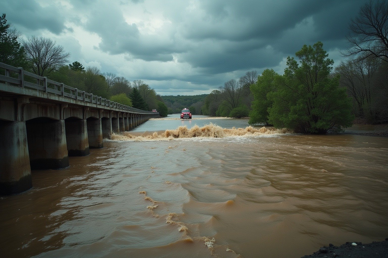 Texas Hill Country flooding July 2026 shows submerged bridge with muddy floodwaters second year in a row