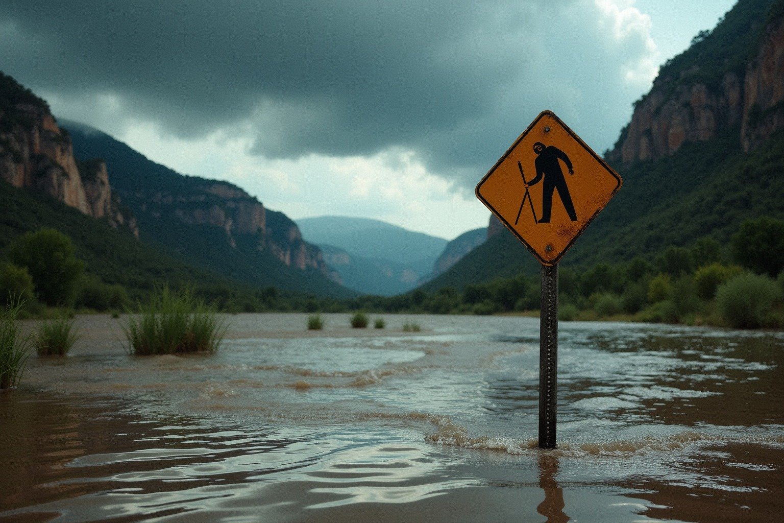 Texas Hill Country floods July 2026 floodwaters submerge rural roads under dark storm clouds