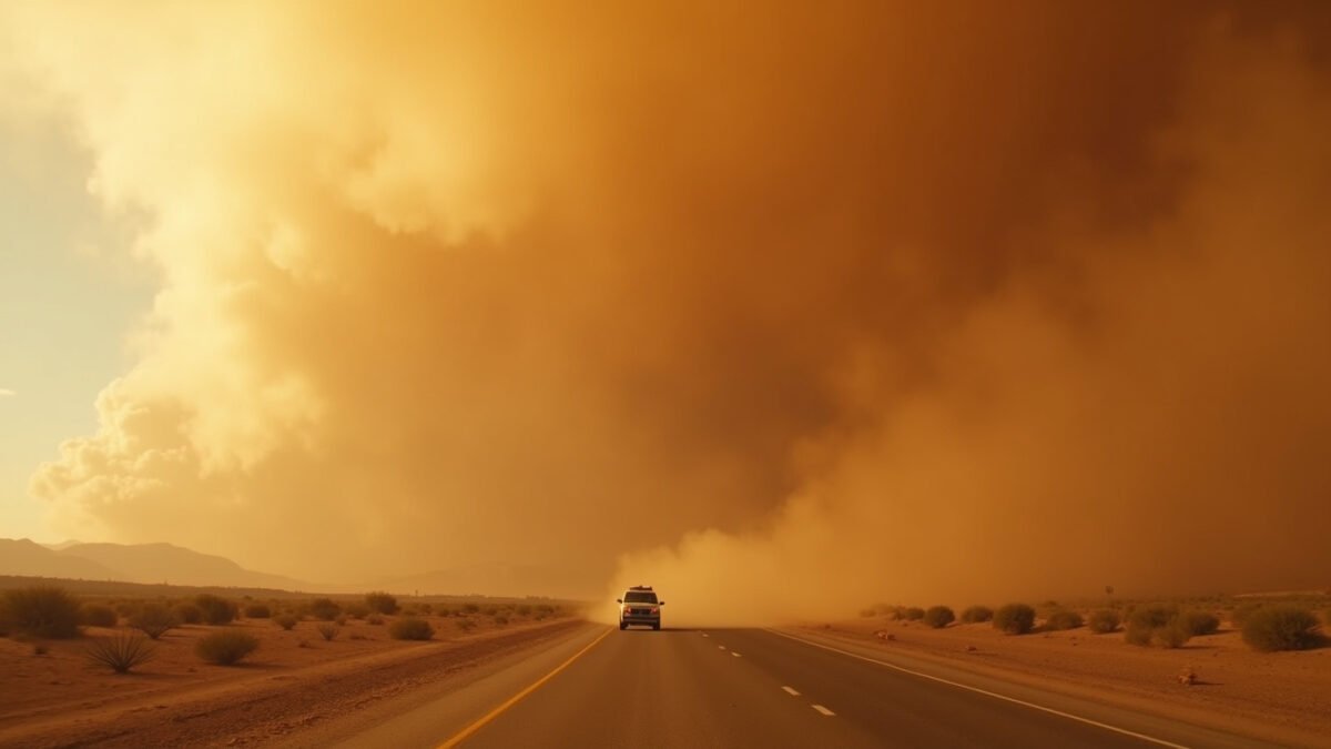 A massive haboob dust wall approaching a desert highway in the Sonoran Desert during golden hour, a single vehicle dwarfed by the scale of the storm. What is a haboob: a wall of dust born from a collapsing thunderstorm.