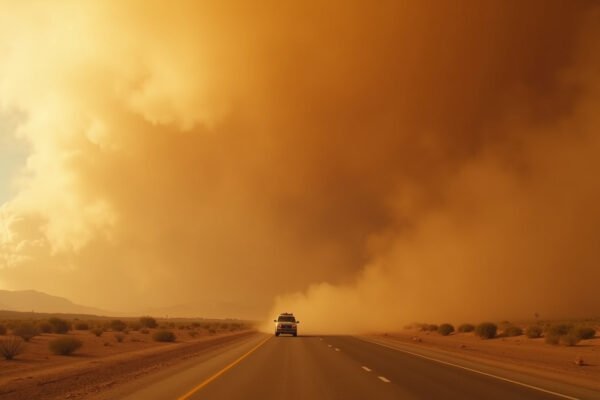 A massive haboob dust wall approaching a desert highway in the Sonoran Desert during golden hour, a single vehicle dwarfed by the scale of the storm. What is a haboob: a wall of dust born from a collapsing thunderstorm.