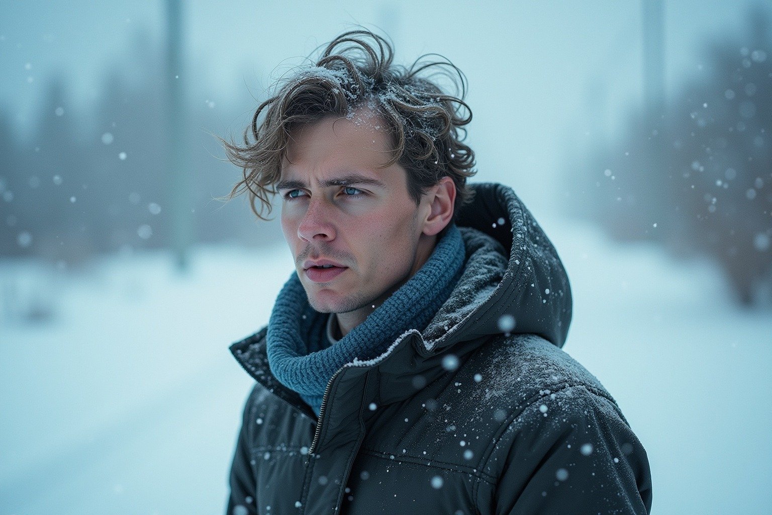 Person walking through a freezing winter blizzard with wind chill making cold feel much worse